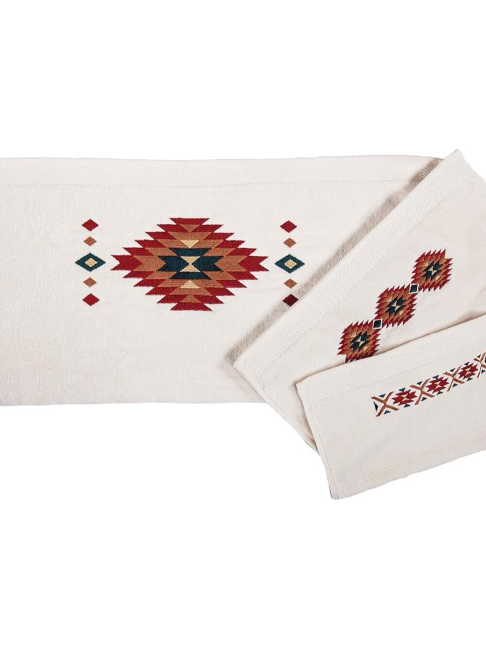 Del Sol Aztec 3 Piece Cotton Embroidered Bath Towel Set, Cream, Rustic Southwest